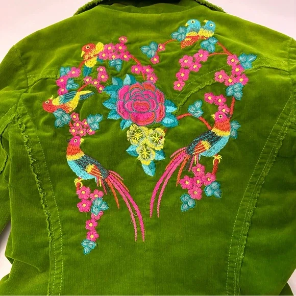 Johnny Was Green Floral Bird Pheasant Peacock Embroidered Blazer Jacket Small - Picture 10 of 11